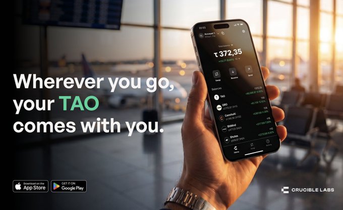 An advertisement shows a hand holding a smartphone displaying a crypto portfolio app with a total balance of ₮372.35, with the tagline 'Wherever you go, your TAO comes with you.' App Store and Google Play download badges appear at the bottom, branded by 'CRUCIBLE LABS' against an airport background.