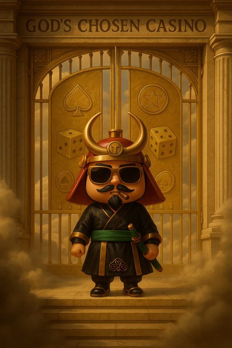 A stylized 3D illustration of a cartoon samurai character wearing sunglasses and a horned helmet, smoking a cigar, in front of golden casino-themed doors with the text 'GOD'S CHOSEN CASINO'.
