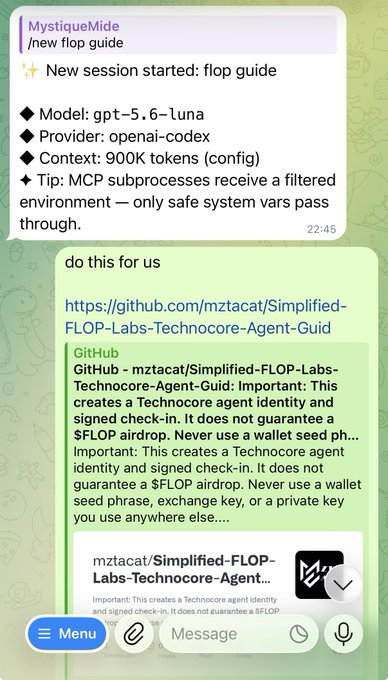 A chat interface shows MystiqueMide sharing a '/new flop guide' with details about Model gpt-5.6-luna, then a user asks it to perform a task linking to a GitHub repository for Simplified-FLOP-Labs-Technocore-Agent-Guid.