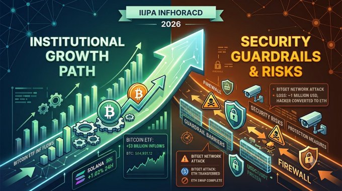 An infographic titled 'IIPA INFHORACD 2026' depicting 'Institutional Growth Path' on the left (featuring Bitcoin ETF inflows of +$3B and Solana up 3.2%) and 'Security Guardrails & Risks' on the right (highlighting Bitget network attacks, losses of $5M USD, and security measures).