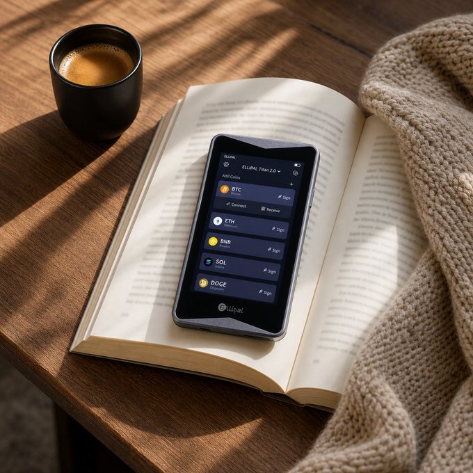 A smartphone displaying the Ellipal Titan 2.0 cryptocurrency wallet interface—listing coins including BTC, ETH, BNB, SOL, and DOGE—rests on an open book beside a cup of coffee, visually reinforcing the post's message of secure, offline transaction verification. The portable device represents the "verify, then sign" process, allowing users to decode transactions on a dedicated screen without cables, Bluetooth, or network connectivity.