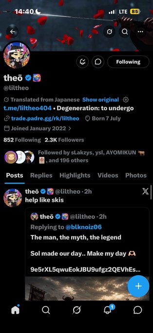 A Twitter/X profile screenshot for 'theó @llithea' showing Japanese-translated bio text, 852 Following, 2.3K Followers, and a recent post 'help like skjs'.