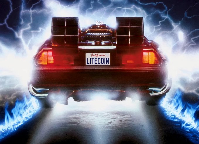 The rear view of a DeLorean-style vehicle featuring a California license plate reading 'LITECOIN', surrounded by lightning and blue flames.