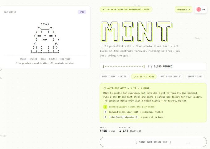 A webpage for an NFT collection titled 'MINT' on the 'ROBINHOOD CHAIN', featuring an ASCII cat, text describing '3,333 pure-text cats', and instructions for an 'ANTI-BOT GATE' mint process.