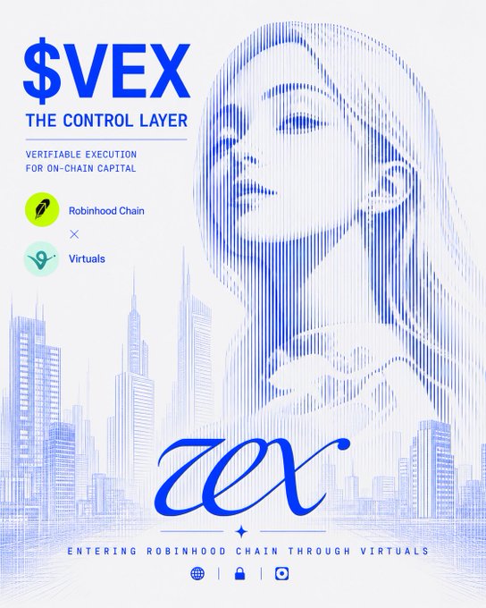 A promotional graphic for $VEX branding it as "THE CONTROL LAYER" for "VERIFIABLE EXECUTION FOR ON-CHAIN CAPITAL," featuring a stylized blue illustration of a woman and announcing a partnership between Robinhood Chain and Virtuals, with text reading "ENTERING ROBINHOOD CHAIN THROUGH VIRTUALS."
