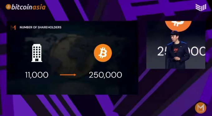 A speaker presents at Bitcoin Asia, with a slide showing Metaplanet's growth from 11,000 to 250,000 shareholders alongside a Bitcoin logo, visually reinforcing the post's claim about sustained BTC buyer conviction as a bottom signal.