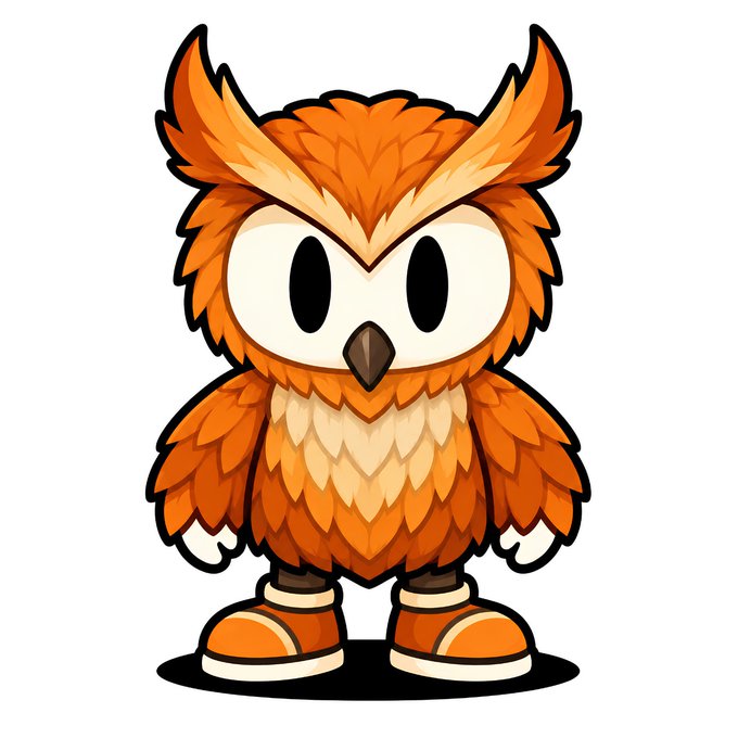A cartoon illustration of an orange and brown owl character standing upright, wearing orange and white shoes.