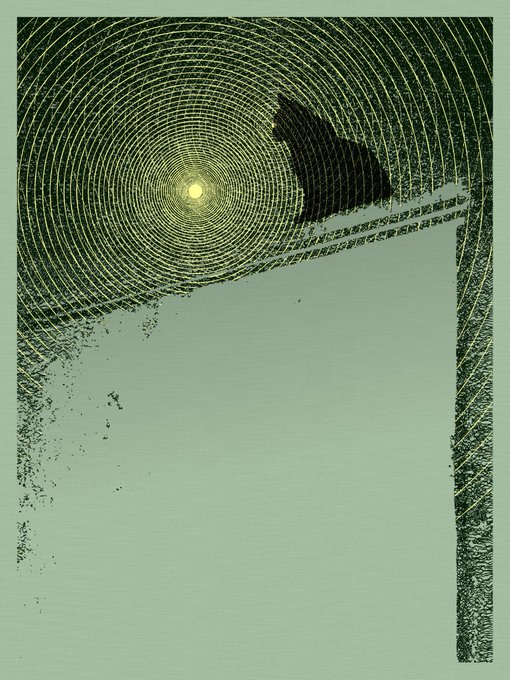 A minimalist, retro-style digital artwork with a light green background, featuring a series of concentric circles radiating from a central point and abstract black geometric shapes.