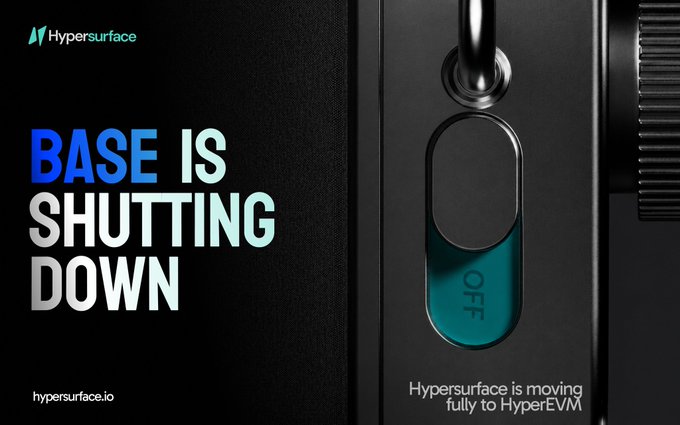 In this image, there's a picture of an off switch with the words "Base is shutting down" printed above it. The text appears to be a description or explanation about the off switch. The image could possibly be related to the Hypersurface trading platform HyperEVM where users are trading various cryptocurrencies like Bitcoin, Litecoin, Ripple, and others using the HyperEVM exchange. The post indicates that base positions were successful in Hypersurface, but the market has moved on to other exchanges, focusing primarily on HyperEVM for trading.