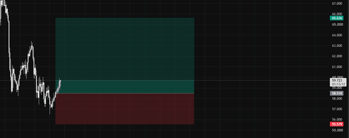 A candlestick price chart shows a sharp decline with horizontal support and resistance lines marking levels at 66.636, 59.723, 58.557, and 56.529.