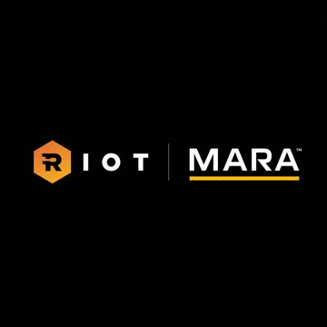 A black background displaying two logos side by side: the orange and white 'RIOT' logo on the left and the 'MARA' logo in white with a yellow underline on the right.