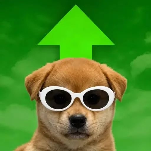 A meme image showing a puppy wearing white sunglasses with a large green upward-pointing arrow behind it on a green cloudy background.