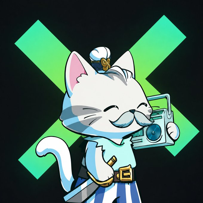 A cartoon illustration of a white cat dressed as a pirate, wearing a sailor outfit with a sword and holding a boombox against a green X background.