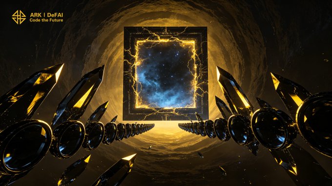 A glowing golden portal framed by metallic orbs sits at the end of a dark tunnel, with "ARK | DeFAI - Code the Future" displayed in the upper left corner. The imagery visually reinforces the post's message of stepping through a "door forward" into Arkie's expanding AI-powered ecosystem.