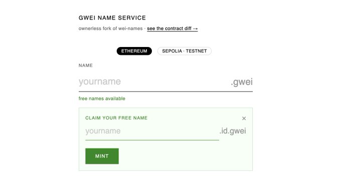 The image shows the registration interface for the Gwei Name Service (GNS), featuring options for Ethereum and Sepolia Testnet, with fields to enter a custom ".gwei" name and claim a matching ".id.gwei" subdomain via a green "MINT" button. It visually represents the launch announcement, highlighting the service's free name claims and simple domain registration flow under the ownerless ".gwei" namespace.