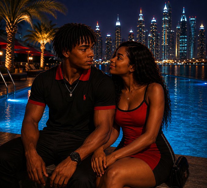 A young couple shares a romantic moment by a glowing pool at night, with a stunning illuminated city skyline in the background. The image complements the upbeat, optimistic tone of the "Happy Sunday" post, with the nighttime cityscape and intimate pose evoking a luxurious, aspirational vibe perfect for a "let's make today count" motivational message.