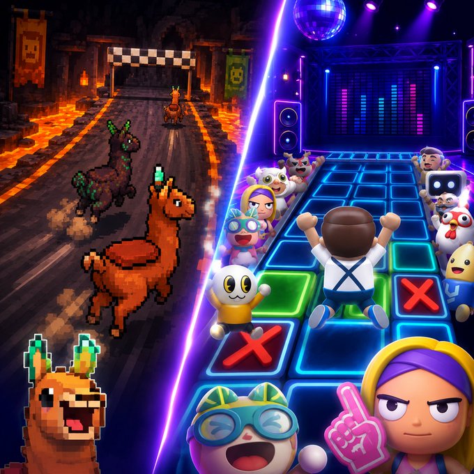 The image features a colorful poster for two video games, one being Gigling Racing and the other being Block Game. The poster showcases the exciting gameplay experiences that have been created by @playgigaverse and @LOLLandGame. The main focus of the poster is a man holding up his hands in victory with a smile on his face, indicating that he has won the game. There are also two people wearing funny hats, adding to the fun atmosphere of the games.