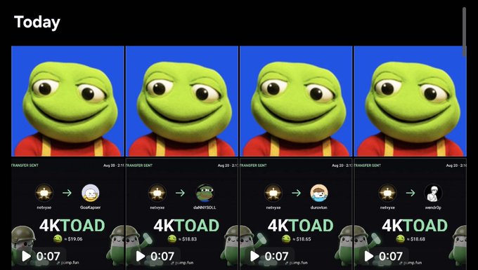 Four nearly identical screenshots show repeated 0:07-second Pump.fun transfers of 4KTOAD (~$18.63–$19.06) sent from "noteyee" to four different recipients (GooKeeper, daNNNSOLL, dvoronium, and nerd0fg) on Aug 22, visually documenting the four small $TOAD airdrops mentioned in the post.