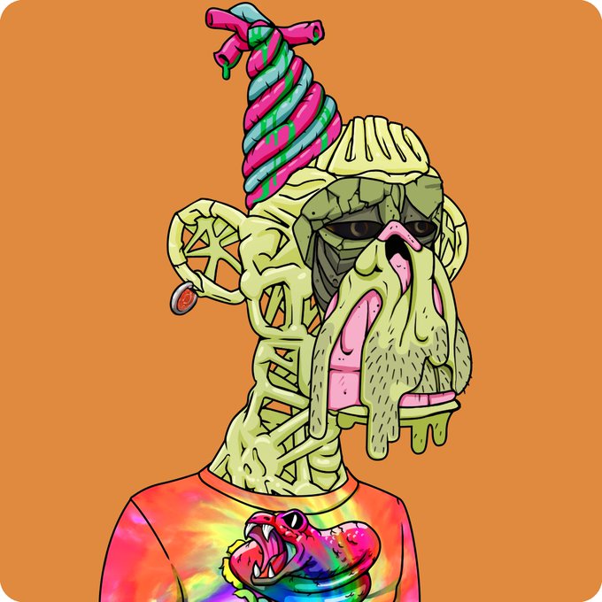 A surreal digital artwork features a green-skinned figure with a skeletal/jaw-like face, a colorful twisted horn on its head, and a tie-dye shirt against an orange background.