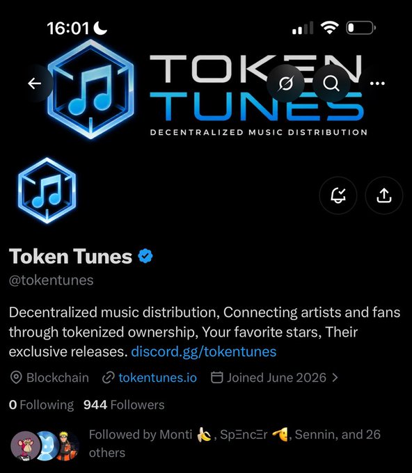 A Twitter/X profile for 'Token Tunes' (@tokentunes), a verified blockchain-based decentralized music distribution account with 944 followers, links to tokentunes.io and discord.gg/tokentunes.