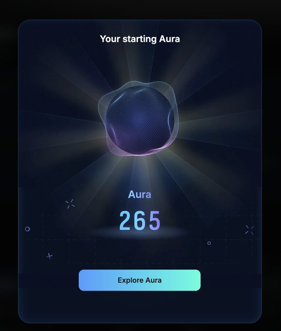 A mobile app screen displaying 'Your starting Aura' with a 3D abstract shape and a score of '265' above an 'Explore Aura' button.