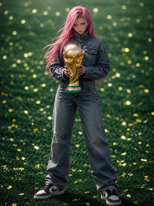 The image features a girl with pink hair holding a trophy or award while standing outdoors. She is wearing blue jeans and sneakers. The background of the photo shows a grassy area with gold confetti scattered around, giving the impression that she has won an award at a special event.