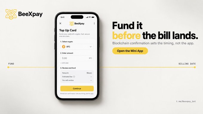 An advertisement for BeeXpay showing a mobile app interface for topping up cards with Bitcoin, with the tagline 'Find it before the bill lands.'