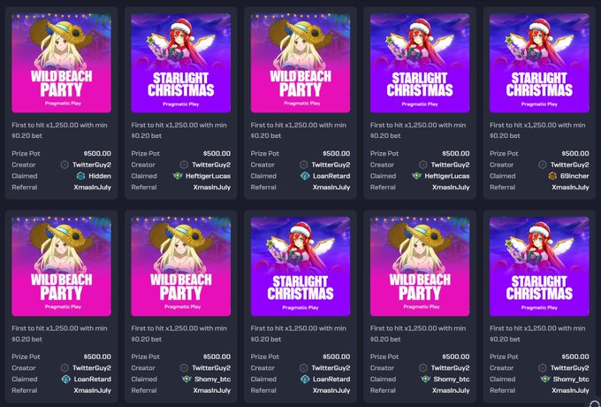 The image displays a grid of ten tournament cards from a "XmasInJuly" challenge by Pragmatic Play, alternating between "Wild Beach Party" and "Starlight Christmas" slots, each showing a $500 prize pot with $0.20 minimum bets and various winners including TwitterGuy2, Hidden, LoanRetard, HeftigerLucas, 88incher, and Shomy_btc. The cards visually support the post by highlighting the multiple tournament winners who have already claimed portions of the $5,000 total prize pool in the holiday-themed slot competition.