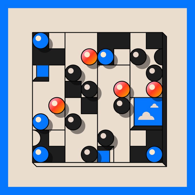 An abstract geometric artwork featuring a Mondrian-style grid pattern with black squares, cream backgrounds, blue circles, red-orange spheres, and small cloud illustrations on a blue border.