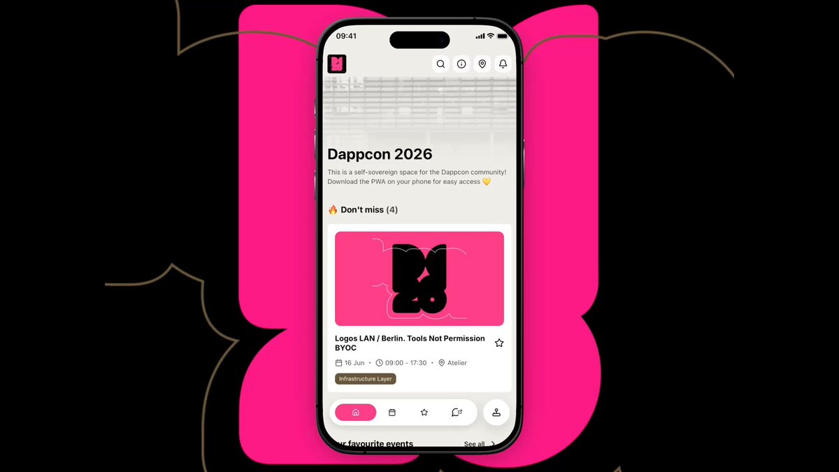 The image features a pink smartphone with a black screen displaying a website called "Dappcon 2026". The phone's screen shows a message that reads "Please, start scrolling". This suggests that there might be some content or information on the website that is relevant and interesting for users to explore.
