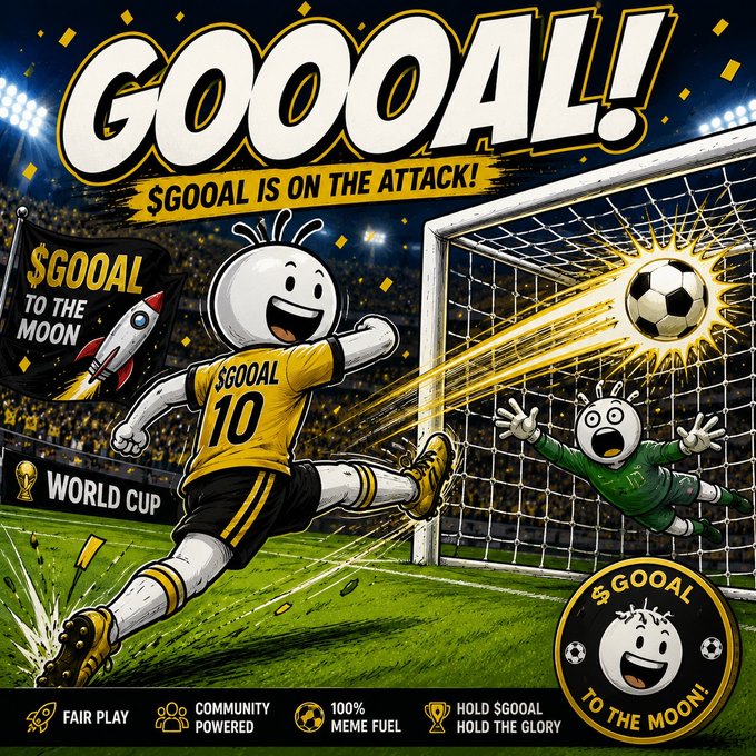 The image features a poster for a soccer game called "GOOAL" with a cartoon character kicking a soccer ball into a goal, surrounded by other characters from different teams. The poster also includes text that reads "GOOAL! $GOOAL is on the attack!" and "Gooal! Goolal! Goolal! Goolal!".