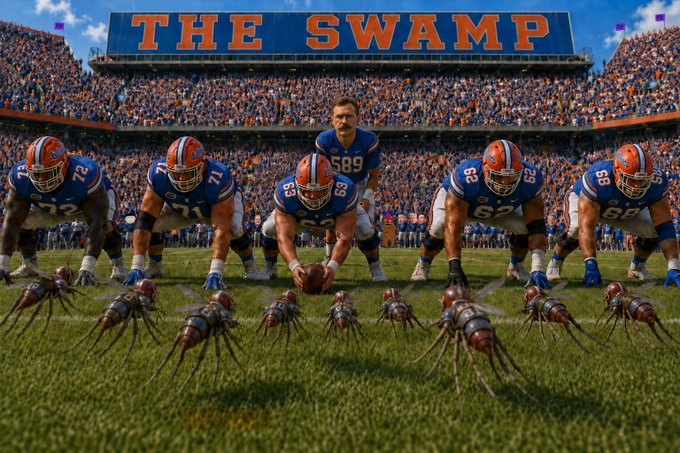 A surreal scene depicts a Florida Gators football team lined up at the line of scrimmage inside their home stadium, with "THE SWAMP" displayed prominently on the orange and blue signage above the crowded stands, while oversized mosquitoes with XRP-branded bodies swarm the field in the foreground, tying into the post's playful "They put XRP in The Swamp" joke, suggesting the cryptocurrency has infested the stadium with massive bugs.