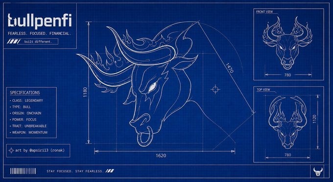 A blueprint-style graphic design for BullpenFi featuring a stylized bull head logo with specifications listing CLASS: LEGENDARY, ORIGIN: ONCHAIN, POWER: FOCUS, TRAIT: UNBREAKABLE, and WEAPON: MOMENTUM, credited to artist @apsirii3 (ronak).