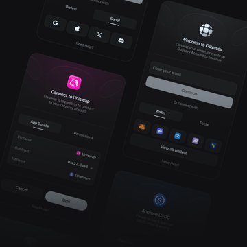 Dark-themed digital interface showing login screens including 'Connect to Uniswap' wallet connection options, 'Welcome to Ordinox' email sign-in, and 'Approve USDC' wallet authorization.