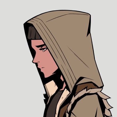 A stylized digital illustration of a hooded figure with a downcast expression, shown in profile against a gray background.