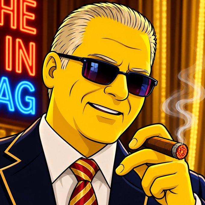 Stylized cartoon illustration of a yellow-skinned man in a suit and sunglasses smoking a cigar, with partial neon text 'HE IN AG' visible.