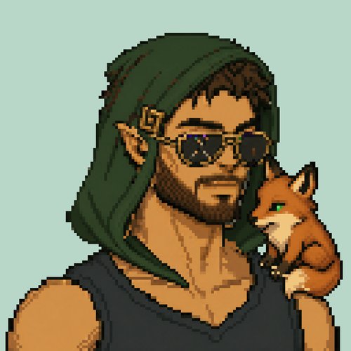 A pixel art illustration shows a bearded man with sunglasses wearing a green hood, with a small fox resting on his shoulder.