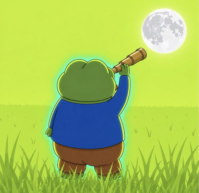 A cartoon frog in a blue jacket stands in a grassy field, gazing through a telescope at the glowing full moon. The image evokes a dreamer imagining the impossible before it becomes real, mirroring the post's message about belief preceding reality.