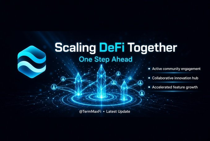 A promotional graphic titled "Scaling DeFi Together, One Step Ahead" features a blue 3D logo, a hologram-like rocket illustration, and bullet points including "Active community engagement" and "Collaborative innovation hub," branded by @TermMaxFi.