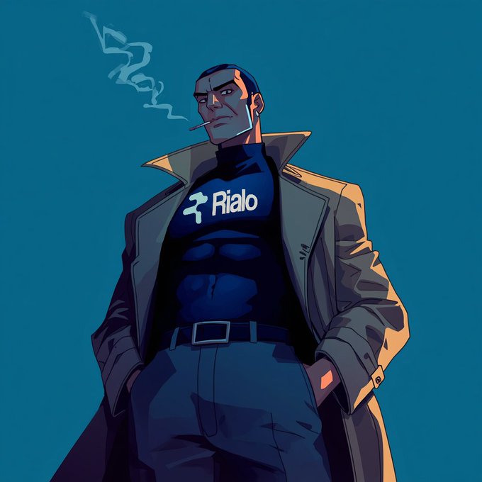 A comic-style illustration of a muscular man smoking a cigarette, wearing a trench coat over a dark shirt branded with the "Rialo" logo and name.