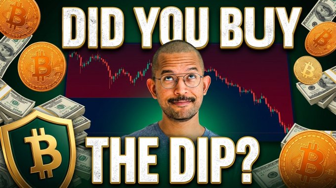 The image is a YouTube thumbnail featuring a man with glasses between large text reading "DID YOU BUY THE DIP?", surrounded by Bitcoin logos, stacks of dollar bills, and a downward-trending red chart in the background. It ties to the post by using the price dip imagery to tease the bullish crypto news update on Bitcoin and Ethereum.