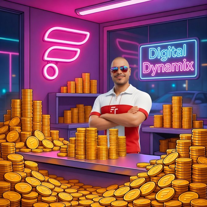A digital illustration of a man in sunglasses and a white/red shirt standing behind a counter overflowing with gold coins, with a neon 'Digital Dynamix' sign and pink lighting in the background.