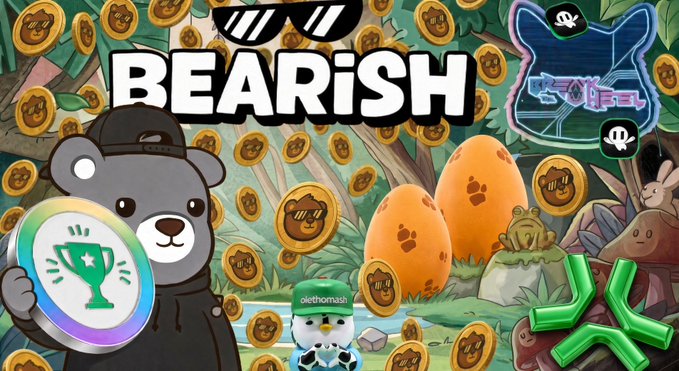 A promotional graphic featuring a gray bear in a black hoodie holding a trophy alongside the text "BEARiSH," with golden "Abstract" coins scattered throughout the scene, orange egg characters, and the name "alethomish" visible on a small character at the bottom. The image ties to the Abstract ecosystem update by highlighting @BearishCollect's involvement in the AbstractChain network and showcasing the new all-star award represented by the trophy.
