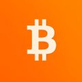 !!!B!!! is displayed against a gradient orange background, with the word "bitcoin" written in white capital letters below it.