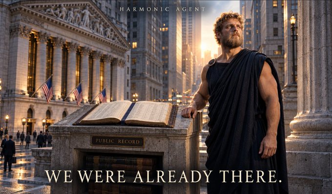 A man in a classical toga stands on Wall Street beside an open "PUBLIC RECORD" ledger, with the New York Stock Exchange in the background, under the headline "HARMONIC AGENT" and the caption "WE WERE ALREADY THERE."

The image visually reinforces the post's message about Wall Street moving onto a blockchain by juxtaposing ancient Grecian attire and a traditional public record book with the iconic stock exchange setting—symbolizing how the "harmonic agent" was already positioned at the intersection of legacy finance and the emerging on-chain market.