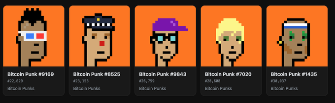 Five Bitcoin Punk NFT avatars (#1969, #8525, #9843, #7020, #1435) displayed in a row with their respective floor prices.