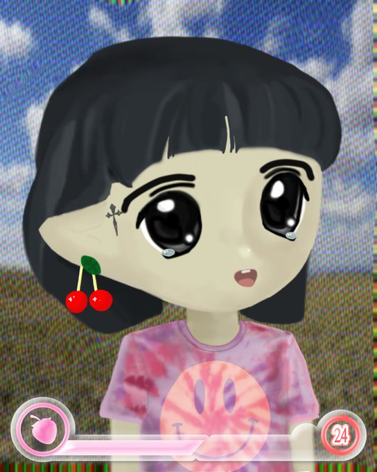 An anime-style avatar of a girl with short black hair, pointed ears with cherry earrings, and a cross facial mark wears a tie-dye shirt with a smiley face, set against a static-distorted sky background with UI elements at the bottom.