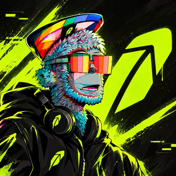 A vibrant digital illustration of a colorful, fluffy monkey wearing neon pixelated sunglasses and a rainbow-patterned cap, with headphones around its neck against a bright green and black background.