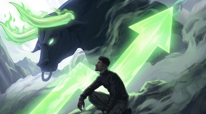A man kneels before a massive spectral green bull whose glowing eyes and horns mirror a large upward-pointing green arrow—symbolizing a bullish market surge, fitting the post's announcement that $ANSEM's trading volume rose 7.46% to $12.8M.
