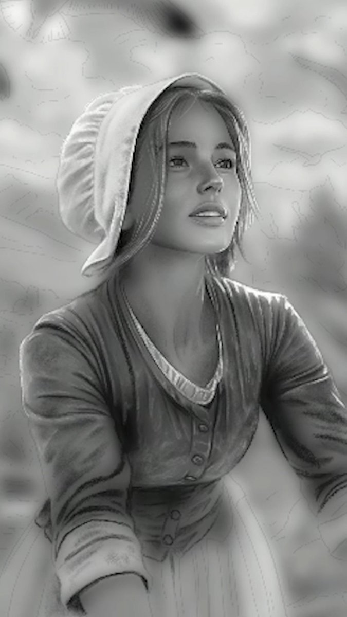 A pencil-style digital sketch of a woman wearing a bonnet and a buttoned top, looking upward against a cloudy sky background.